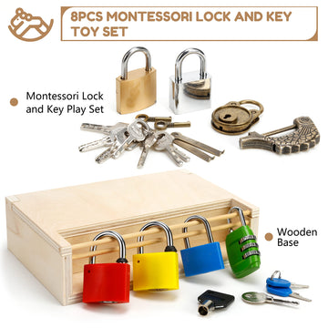 Woodtoe Montessori Lock and Key Toy Set - 8 PCS, Fine Motor Skills, Wood, Medium, Blue/Purple/White, STEM Learning for 3-5 Year Olds