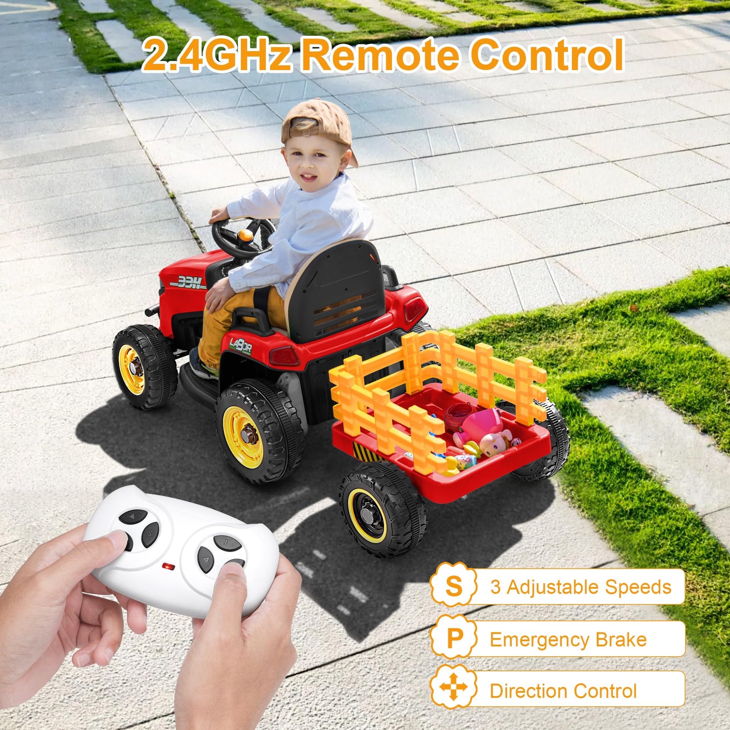 Arbeli 12V 7Ah Ride On Tractor W/Tiltable Trailer & Remote Control, 2X45W Motors, Bluetooth, Music, Shifter, Electric Car For Ki