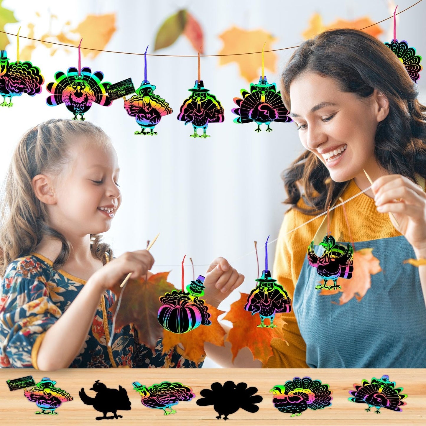 AUGSUN 96Pcs Thanksgiving Fall Crafts, Magic Rainbow Scratch Paper Art Cute Turkey Crafts Activity Gifts Autumn Harvest Thanksgi