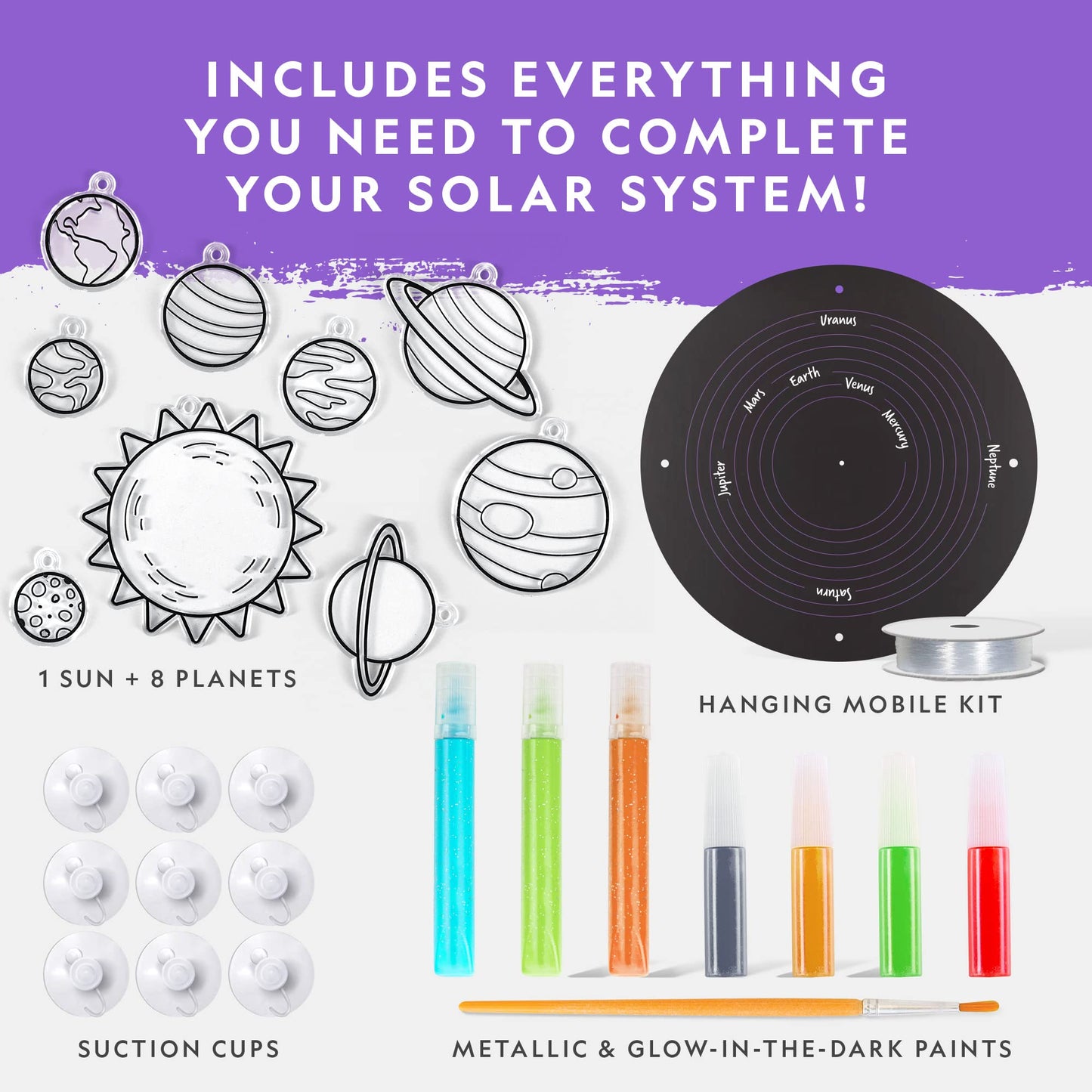 National Geographic Kids Window Art Kit - Stained Glass Solar System Arts & Crafts Kit With Glow In The Dark Planets, Use As Window Suncatchers, Hanging Decor From Ceiling, Mobile, Space Room Decor