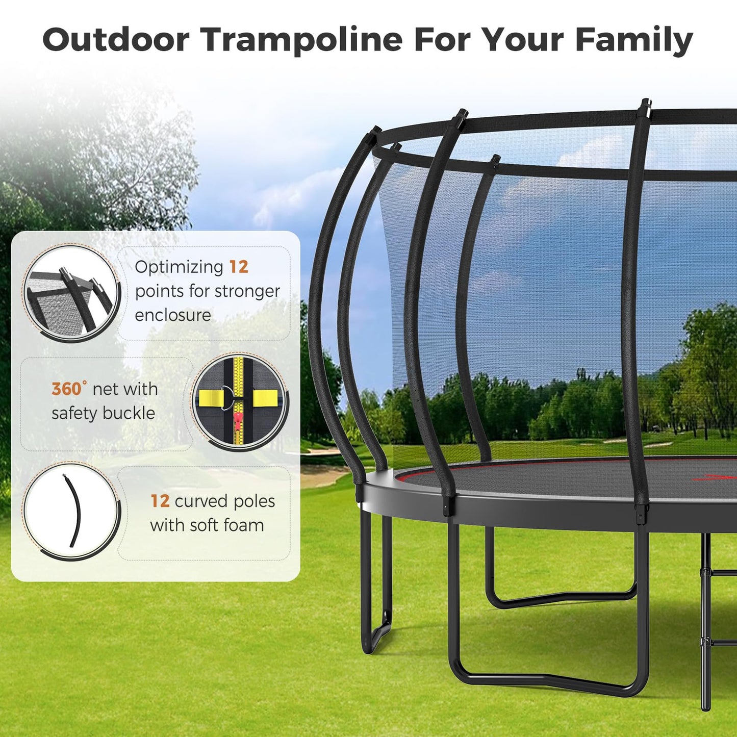 Tatub 14Ft Trampoline For Kids And Adults, Outdoor Recreational Trampolines With Basketball Hoop & Enclosure Net, Curved Poles,