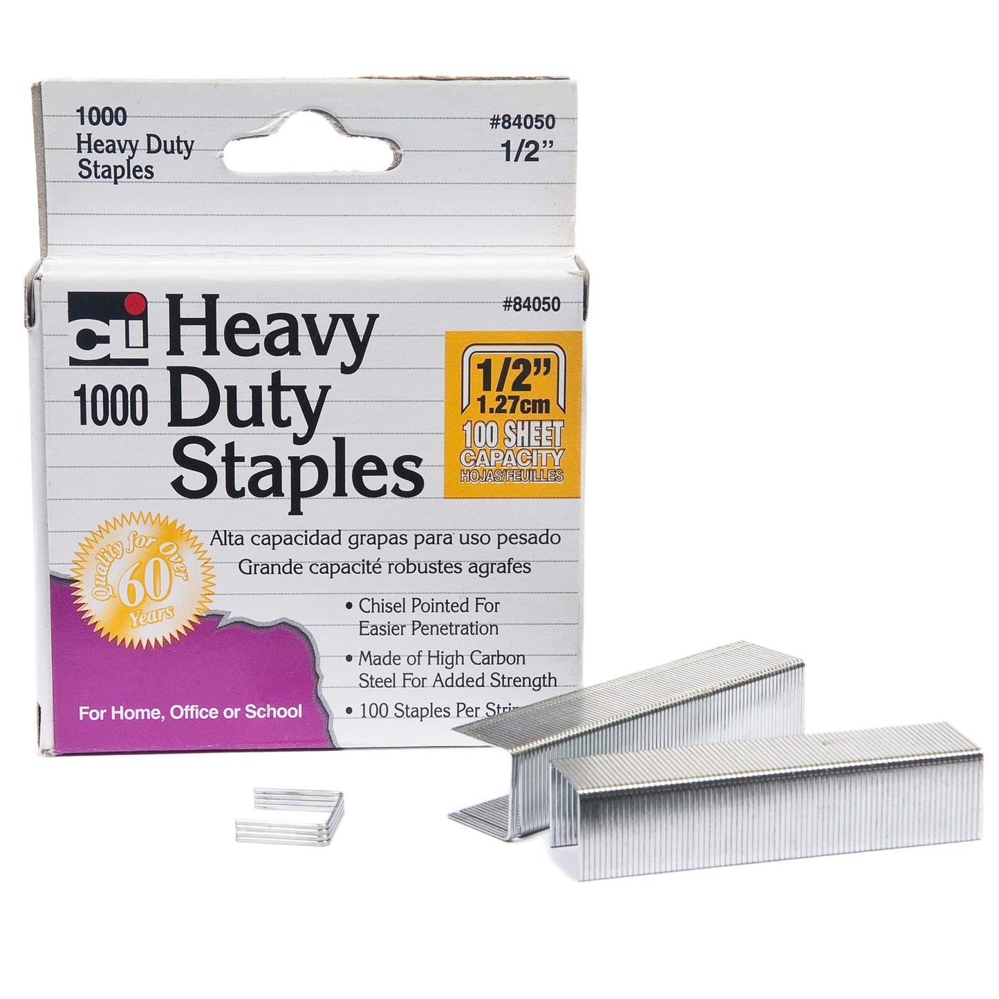 Charles Leonard Staples, Heavy Duty, 1/2 Inches Leg Length, Carbon Steel, Silver, 1000/Box (84050)
