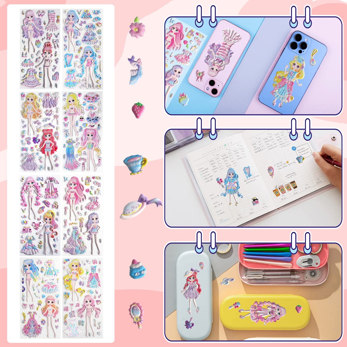 Princess Dress Up Puffy Stickers Pad For Girls Kids Make Your Own Princess Crafts Games,Reusable 3D Foam Fashion Sticker Activity Playset For Toddlers Preschoolers,Party Favors,Restickable 8 Sheets.