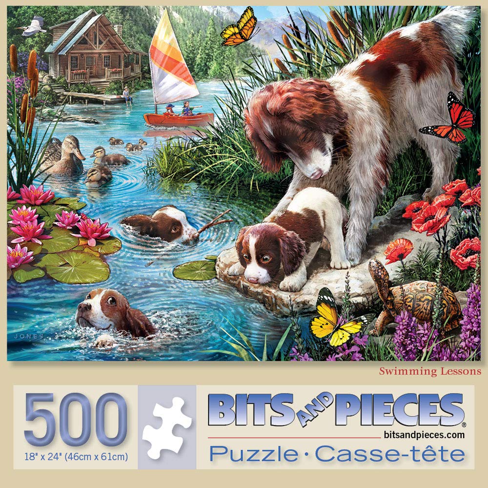 Bits And Pieces – Value Set Of Two 500 Piece Jigsaw Puzzles For Adults – Cat Nap, Puppy Swimming Jigsaw Puzzles By Artist Larry Jones, Completed Puzzle Size: 18' X 24'