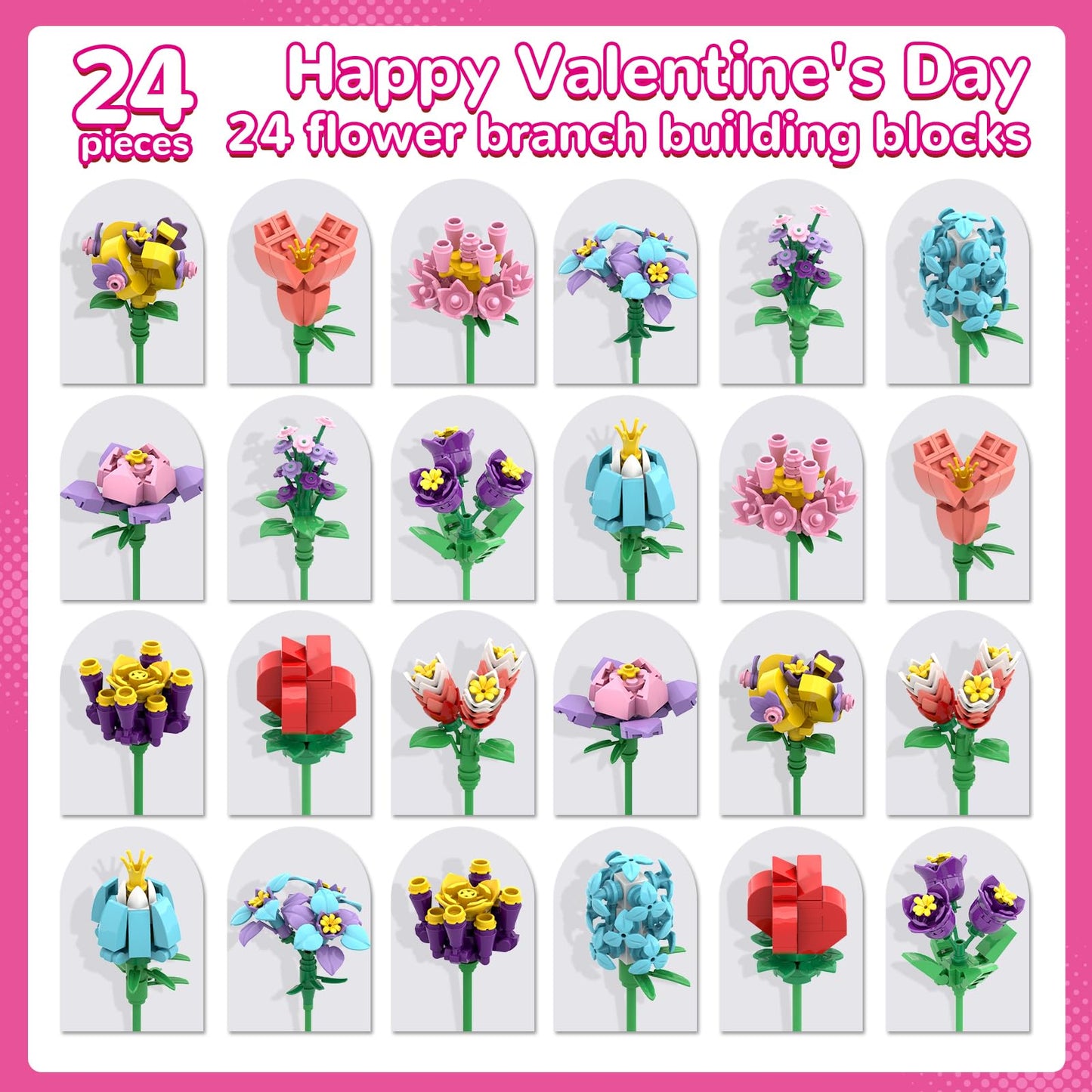 Uiseba Valentines Day Gifts For Kids Classroom/School,24Pcs Building Blocks Flower Kits And Valentines Cards,Toys For 3+ Years O
