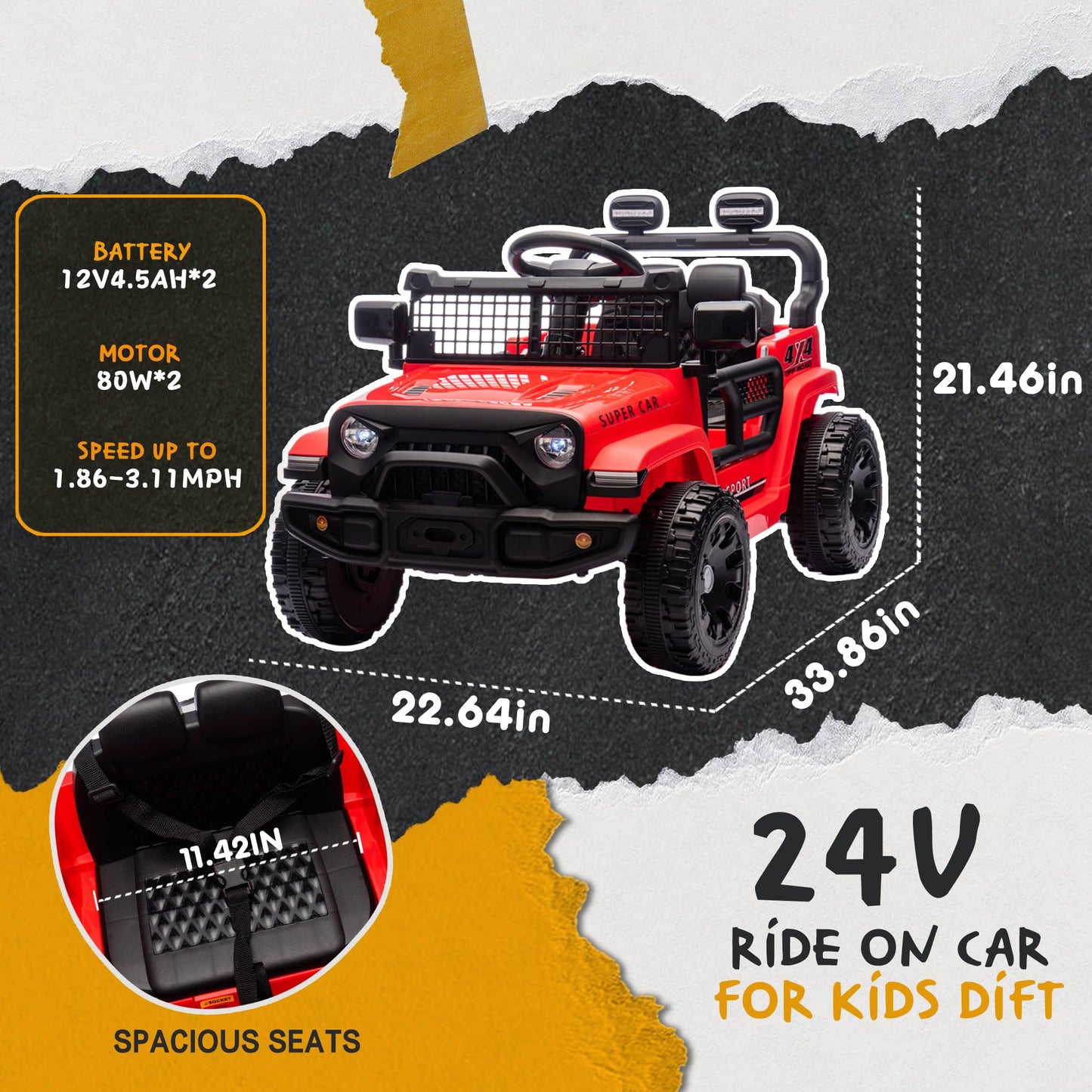Okybaby 24V Ride On Jeep Car, Kids Ride On Toys W/Parents Remote Control, 200W Motor Electric Car For Kids 2-4 With Four-Wheel S