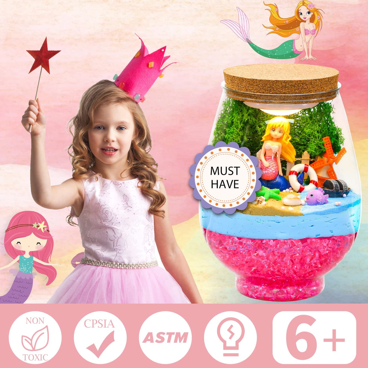 Magiclub Diy Light-Up Mermaid Terrarium Kit For Kids,Remote Mermaid Birthday Gifts Toy For Girls,Mermaid Craft Kit,Arts & Crafts Mermaid Gifts For Girls Age 4 5 6 7 8-12 Years Old,Bedroom Decor