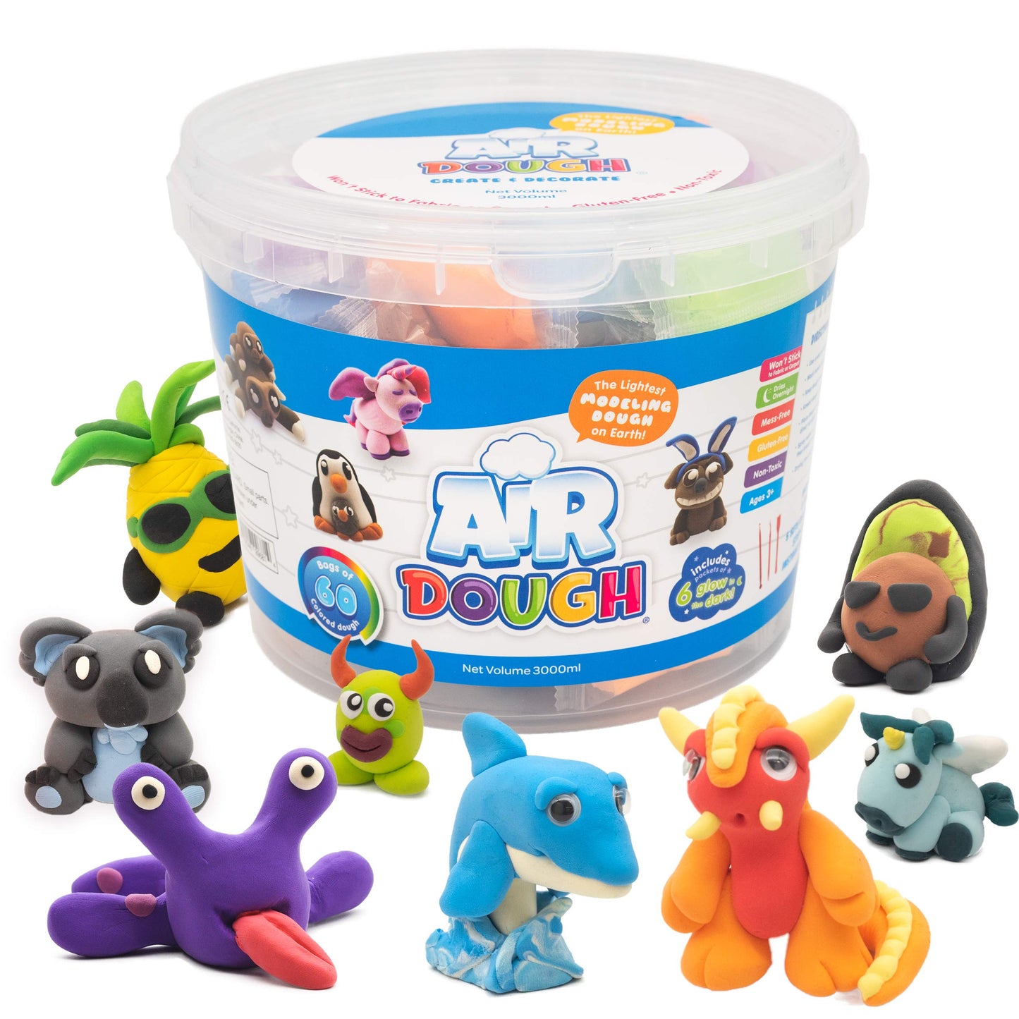 Air Dough - 60 Bags of Colored, Air Dry, Ultra Light, Non-Toxic Modeling Clay in a Bucket Including Accessories, Tools, Tutorial