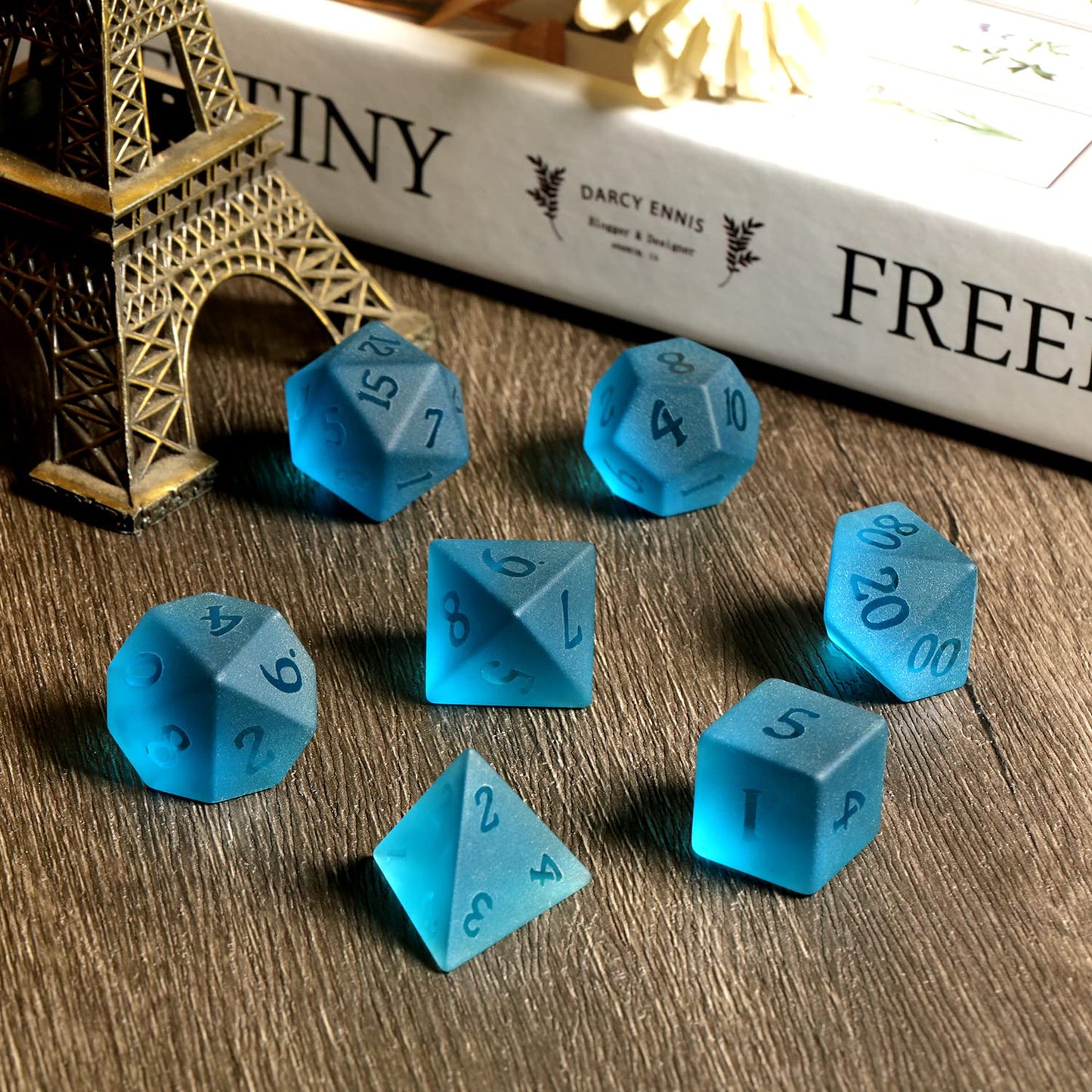 Glass DND Dice, DNDND 7 Piece Dark Blue Glass Dice Set with Great Gift Box for Dungeons and Dragon DND Tabletop Game (Blue)
