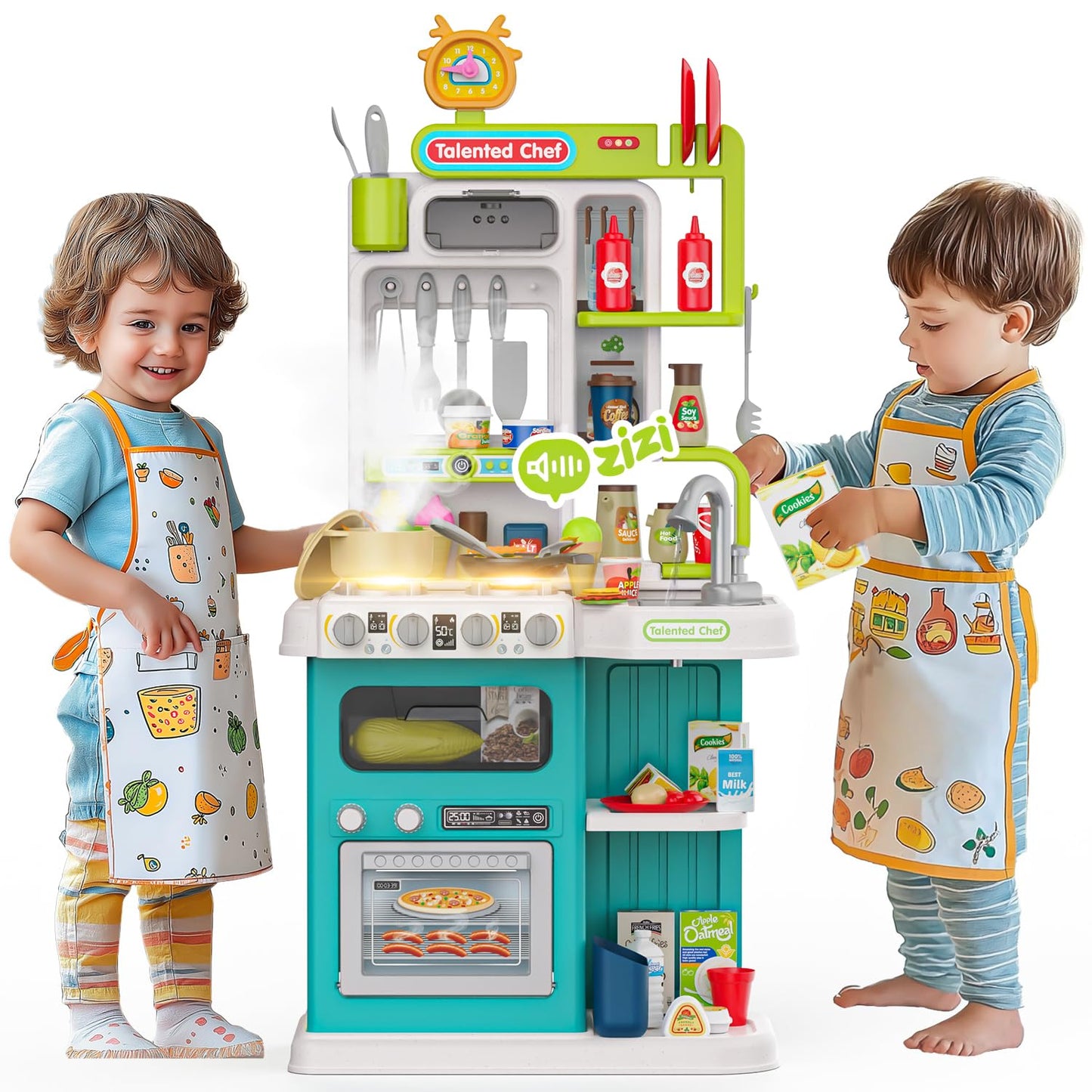 96PCS Kids Kitchen Playset, Play Kitchen with Sound & Light, Cooking Stove with Steam, Play Food Toy Kitchen Accessories, Play S
