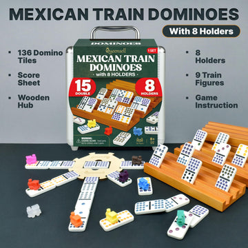 Queensell Double 15 Mexican Train Dominoes Set with 8 Wooden Holders - Aluminum Hub & Tiles, Perfect for Family Game Night