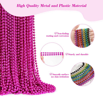 YAXINRUI 72 PCS Metallic Hot Pink Bead Necklaces, 33 Inch 7 mm Mardi Gras Beads Bulk Round Cancer Awareness Beads Necklaces for