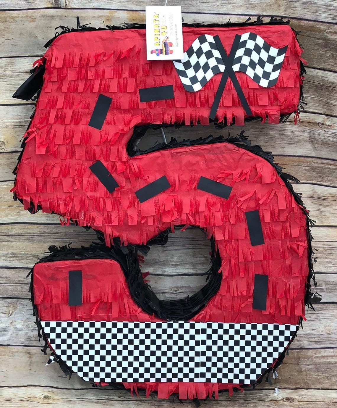 APINATA4U Number Five Race Car Pinata, Red Checkered Flag for First Birthday, Racing Theme Party Supplies, Race Track Decor, Kid
