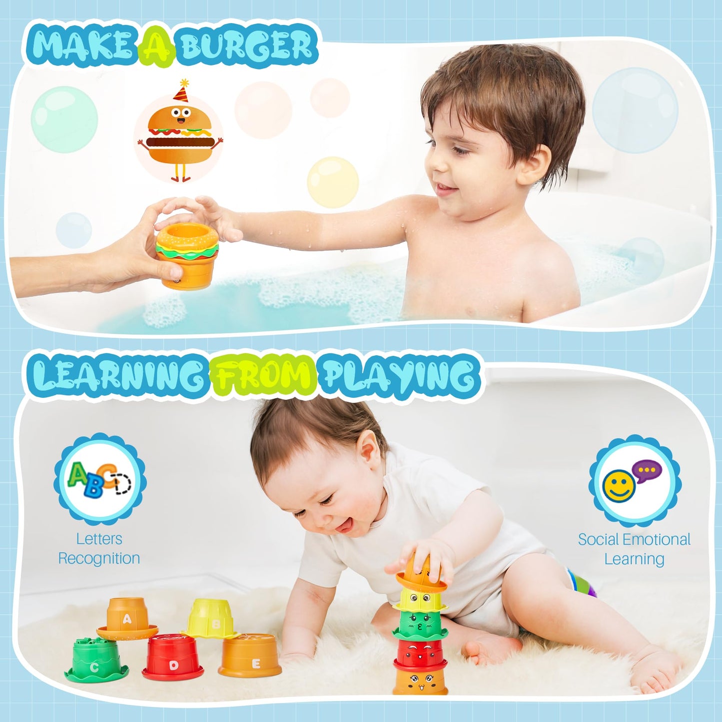 Ekueasyku Bath Toys For Kids Ages 1-3 2-4 4-8 Hippo Toddler Bath Toys Water Toys With Burger Stacking Cups Swimming Duck Crab Ba