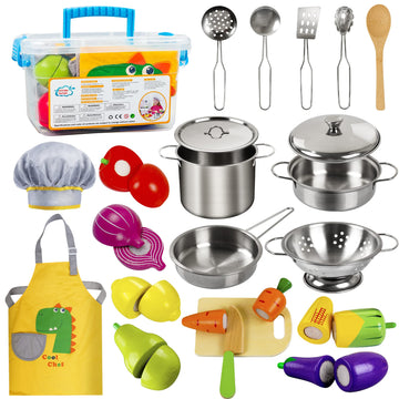Sundaymot Play Kitchen Accessories, Wooden Play Food, Cooking Set with Stainless Steel Cookware Pots and Pans Utensils, Apron, C