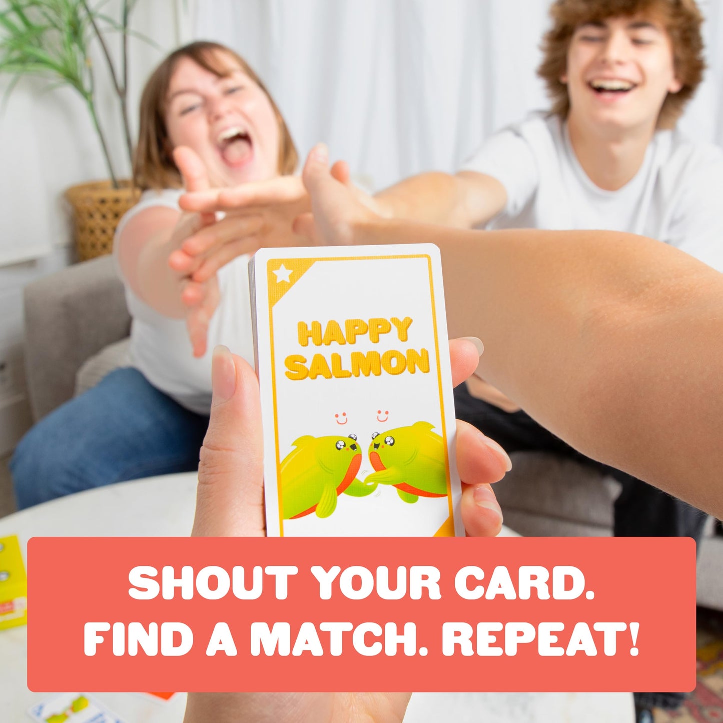 Happy Salmon by Exploding Kittens - 3-8 Players - Ages 6+ - 90 Second Rounds - Easy to Learn Quick Matching Card Game - Ideal for Party Family Game Night Kid and mature-themed