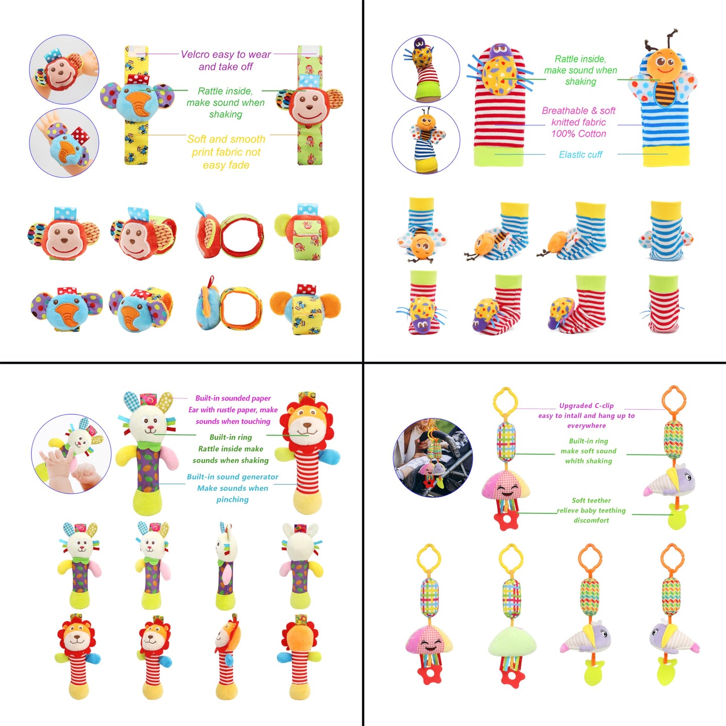 Baby Hanging Toy, Wrist Rattles, Rattle Socks, Handheld Wearable Washable Adjustable Rattle Toy, Newborn Present Baby Shower Birthday Gift Set For 0 1 2 3 Years Old Babies (12Pcs-J)