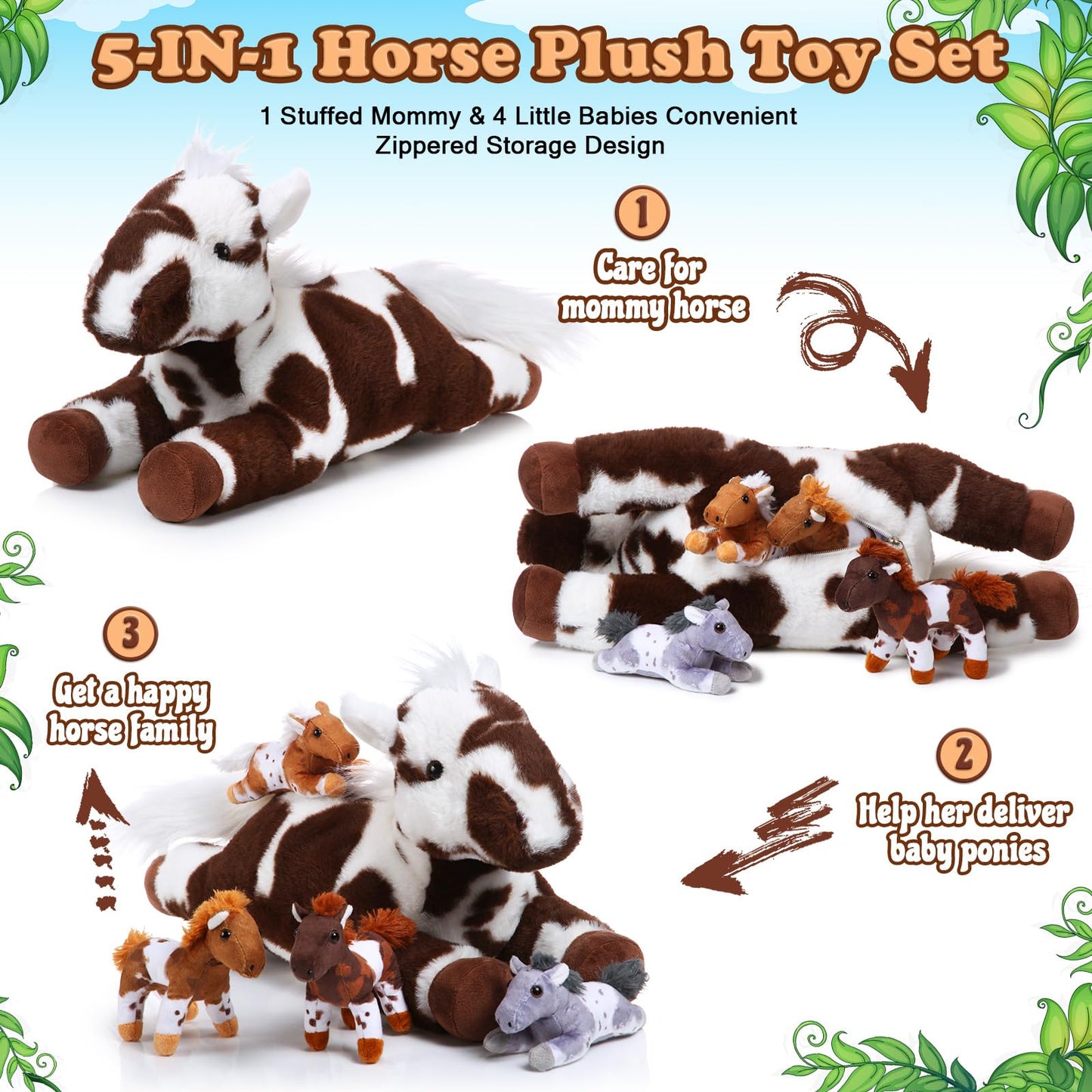 Lenwen 5 Pcs Horse Stuffed Animals Large Mommy Horse Plush With 4 Cute Babies In Zippered Belly Nurturing Plushie Toy Set For Birthday Gift Derby Party Favors(Lively)
