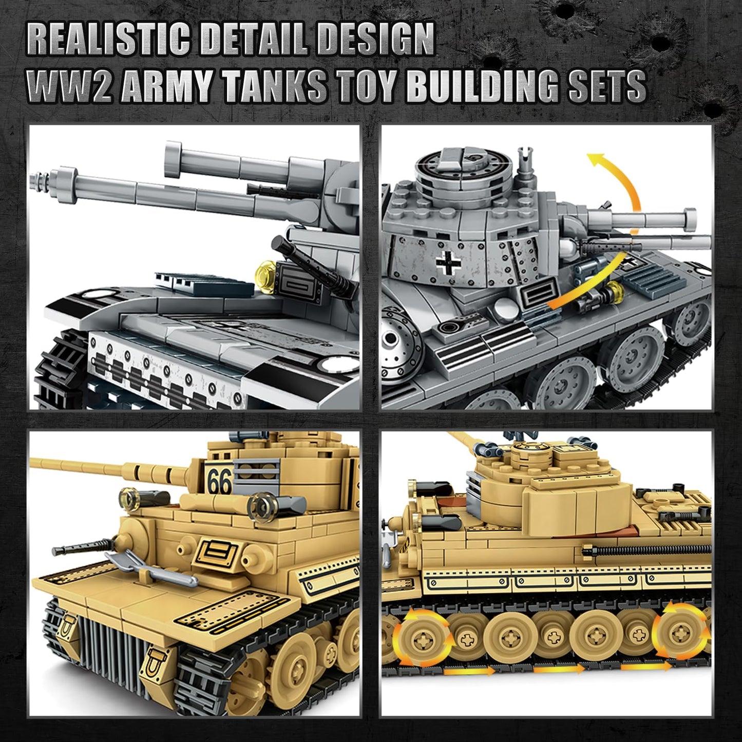 WINGIFT WW2 Army Tanks Building Set, 1030 Pieces, German Panzer 38T & Tiger Tank, Plastic, Yellow, Model 66005, Gift for Teens & Adults