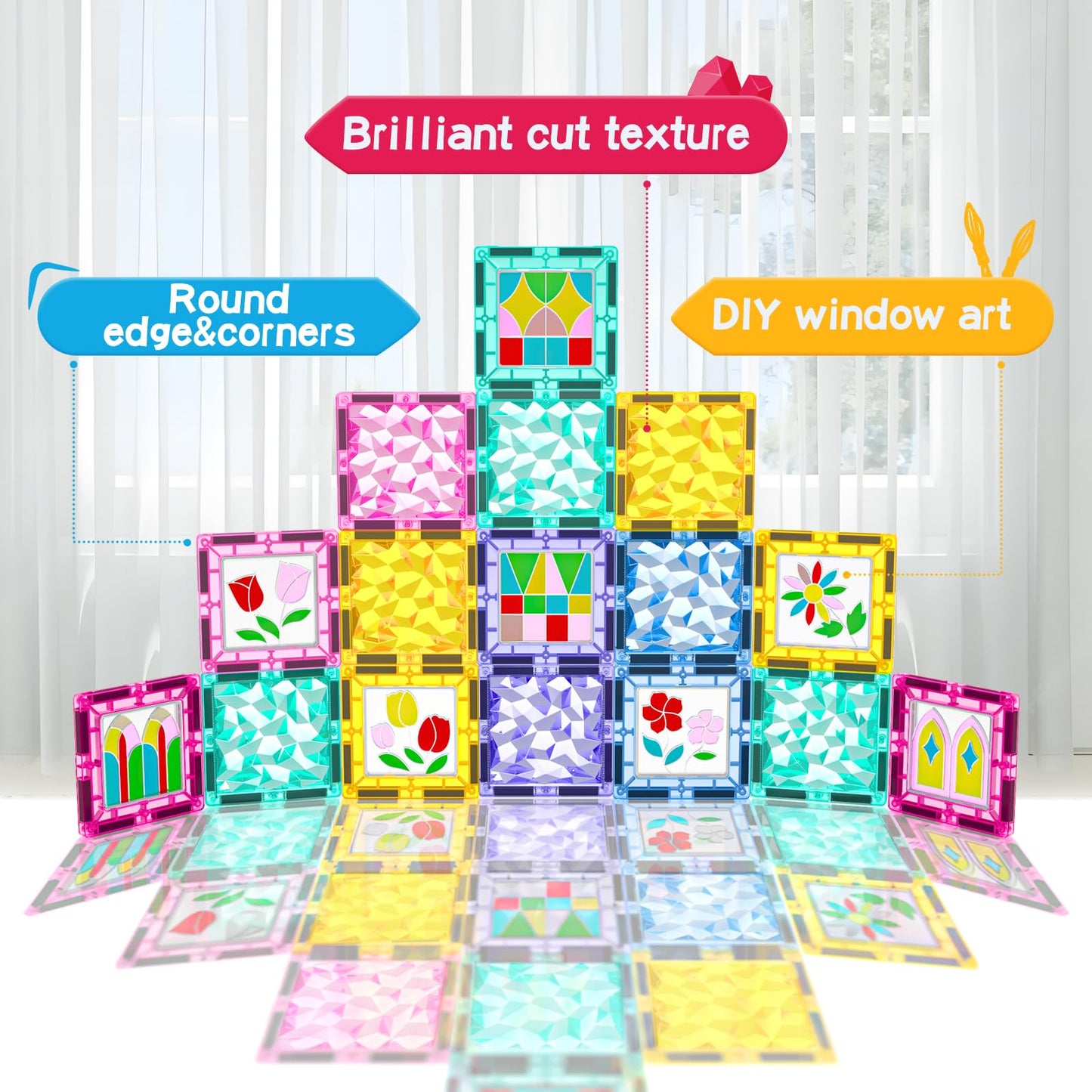 Magnetic Tiles Diy Window Arts And Craft Kit Kids Games Montessori Toys Toddler Kids, Magnet Building Blocks Set For Preschool Learning Classroom Stem Sensory Toys Gift For 3+ Year Old Boys And Girls