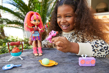 Mattel Cave Club Blazin' BBQ Adventure Playset with Emberly Doll (8 - 10-inch Pink Hair) Dinosaur Pet and Storytelling Accessories with Cooking Theme Gift for 4 Year Olds and Up
