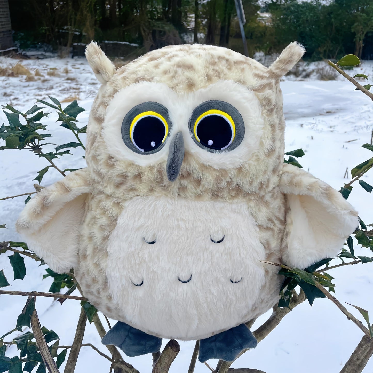 Ryttir 15.7" Chubby Snow Big Owl Plush Toy, Cotton, Yellow - Funny Owl Gift for Kids & Women, Adventure Decor