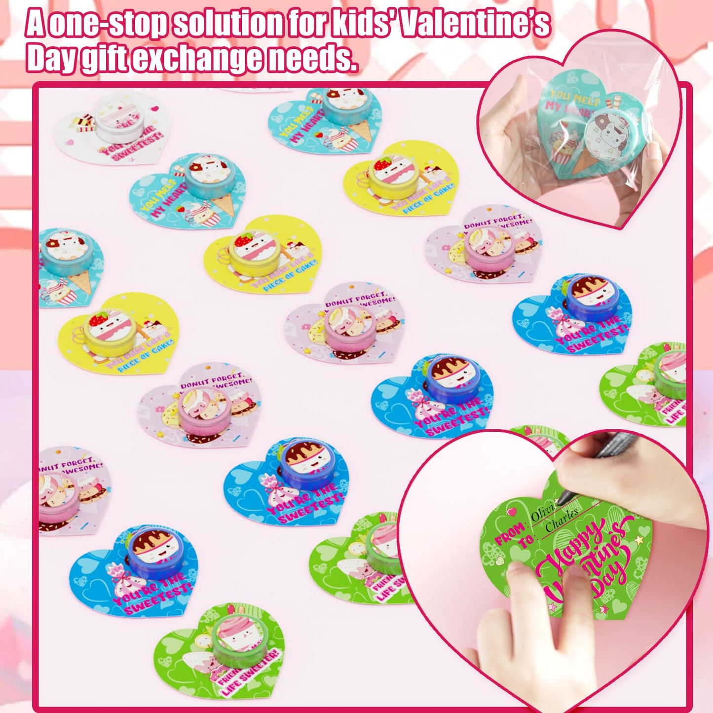 Funewest Valentines Day Gifts For Kids, 24 Valentines Ice Cream Butter Slime Card Bulk, Valentine Exchange Cards For Girls Boys