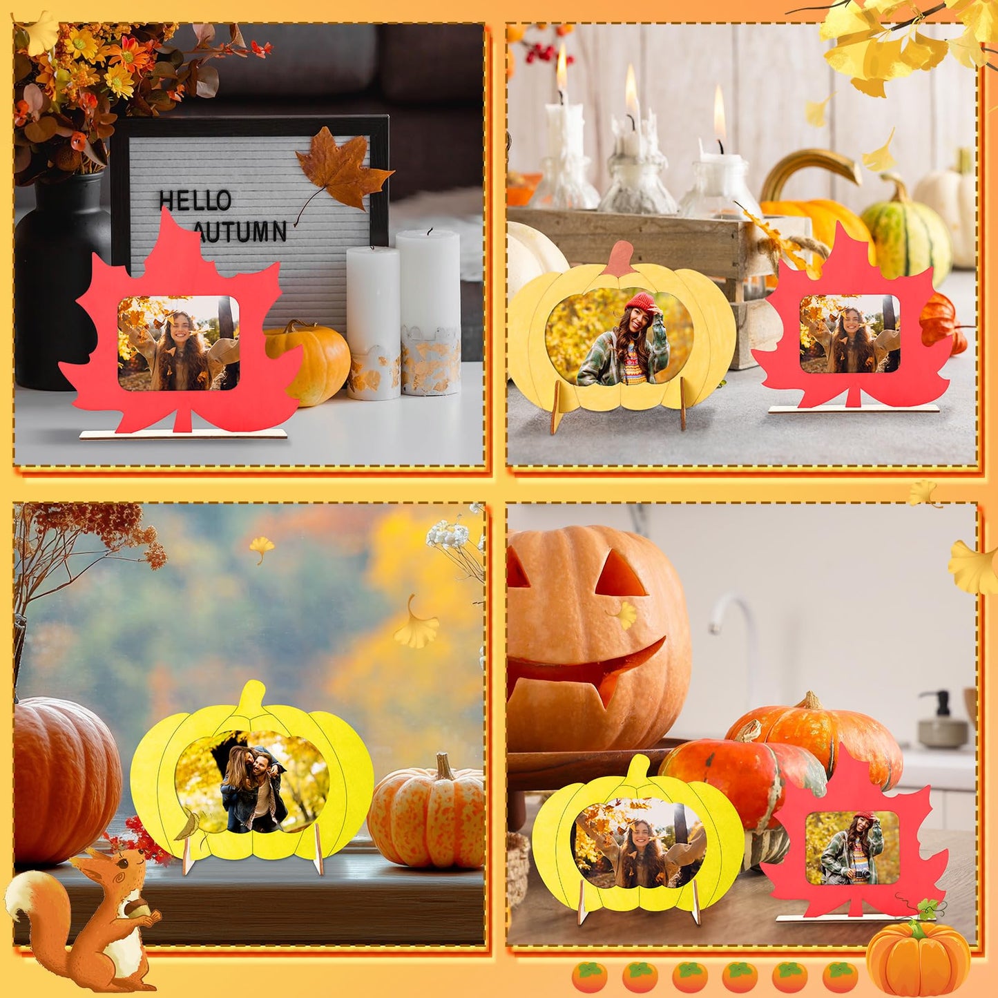 Geelin 24 Pack Thanksgiving DIY Picture Frame Craft Kits Wooden Pumpkin Maple Leaf Photo Frames Bulk Fall Thanksgiving Crafts fo