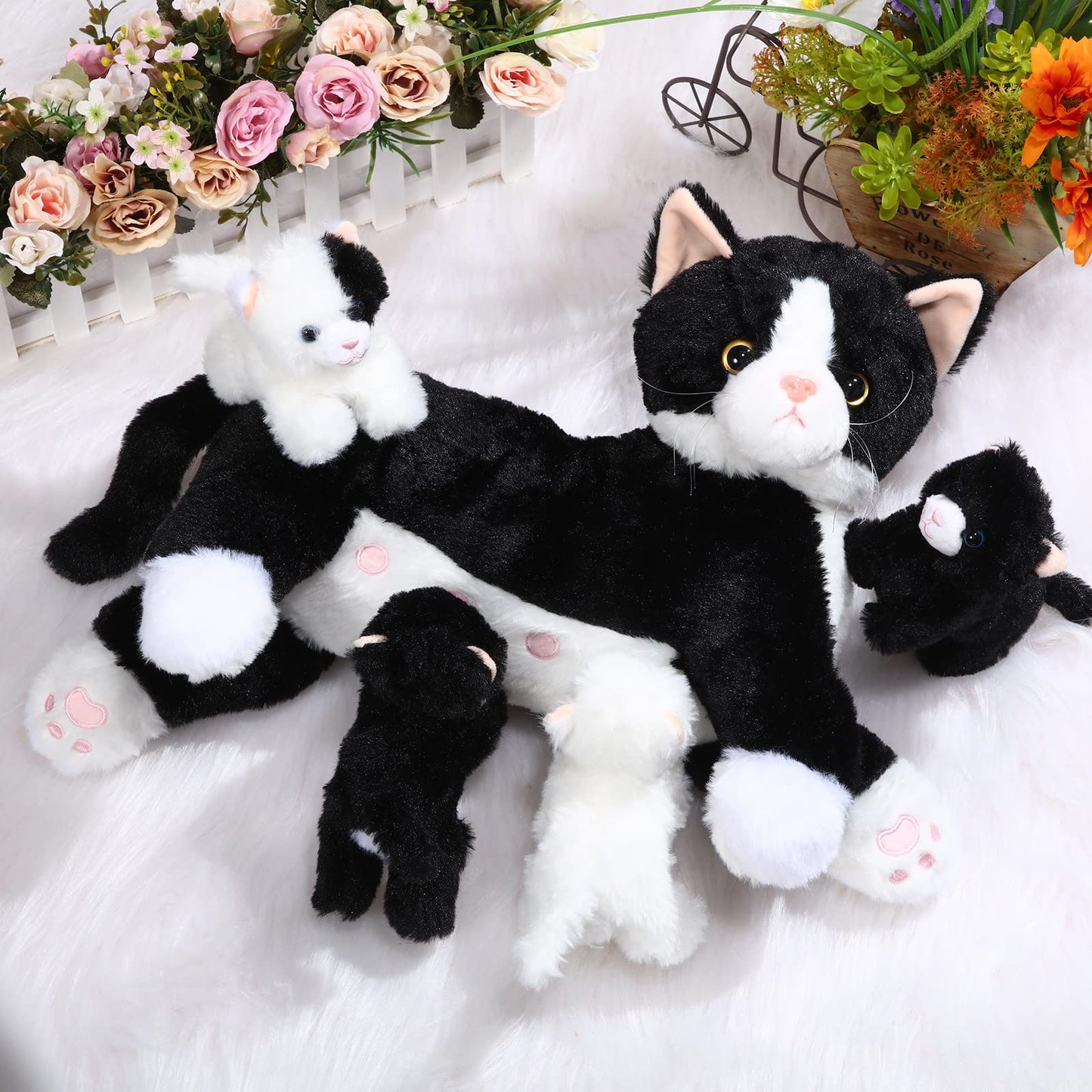 Skylety Nurturing Cat Stuffed Animal With Plush Kittens, Valentine Cat Baby Stuffed For Girls And Boys Plushy Kitty Mommy Cat With 4 Baby Cats For Birthday Party Favors Gifts(Fluffy Style)