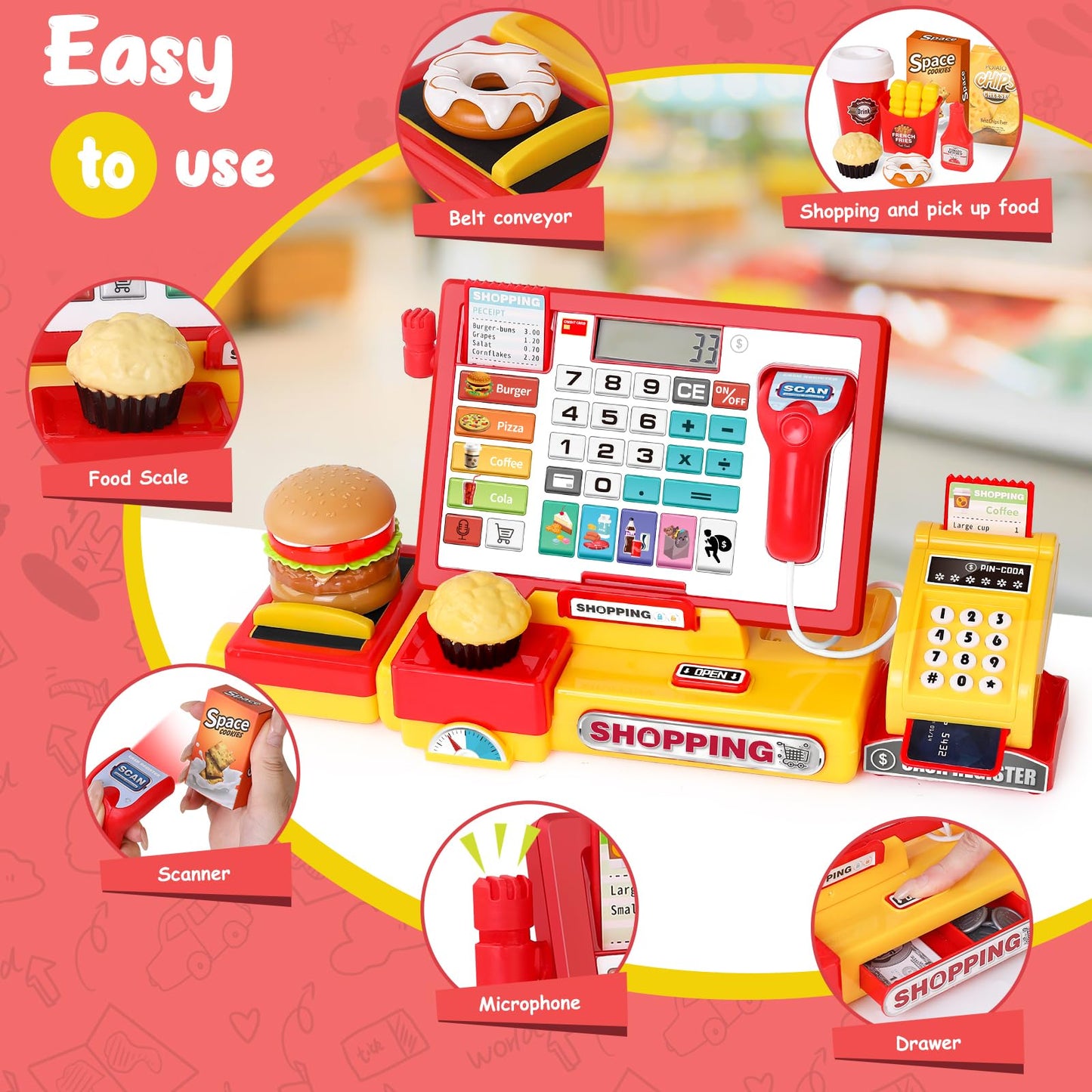 maysida Cash Register Toy for Kids, Pretend Play Store with Fast Food Burger/Scanner/Credit Card/Play Money/Microphone Birthday