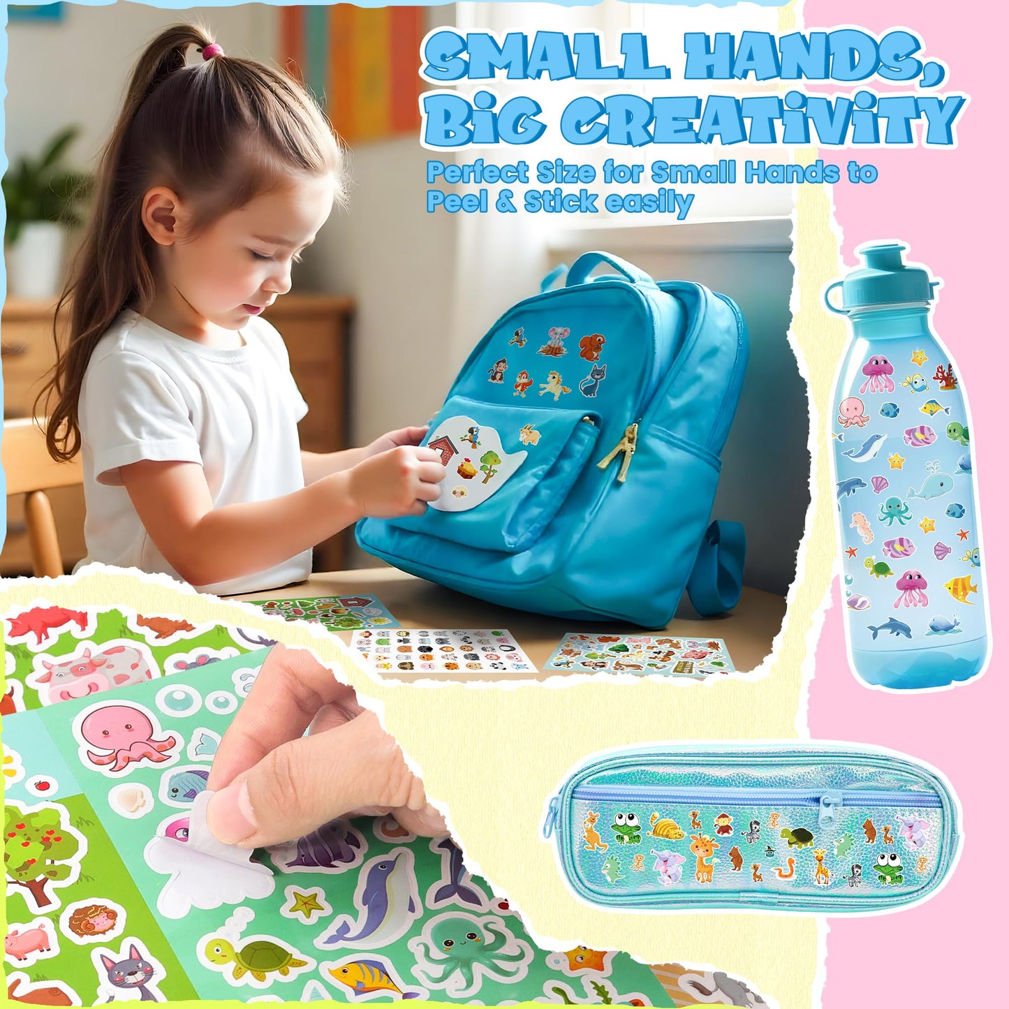 Sinceroduct Stickers for Kids, 1300+ Cute Animals Water Bottle Stickers, 8 Kids Stickers with Different Theme Scrapbooking Stick