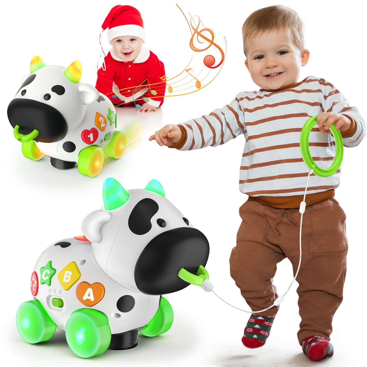 Talkfun Musical Cow Toy for 1+ Year Olds, Bilingual Learning Toy for 6-12-18 Months, Green Medium Size, Perfect Gift for Boys & Girls