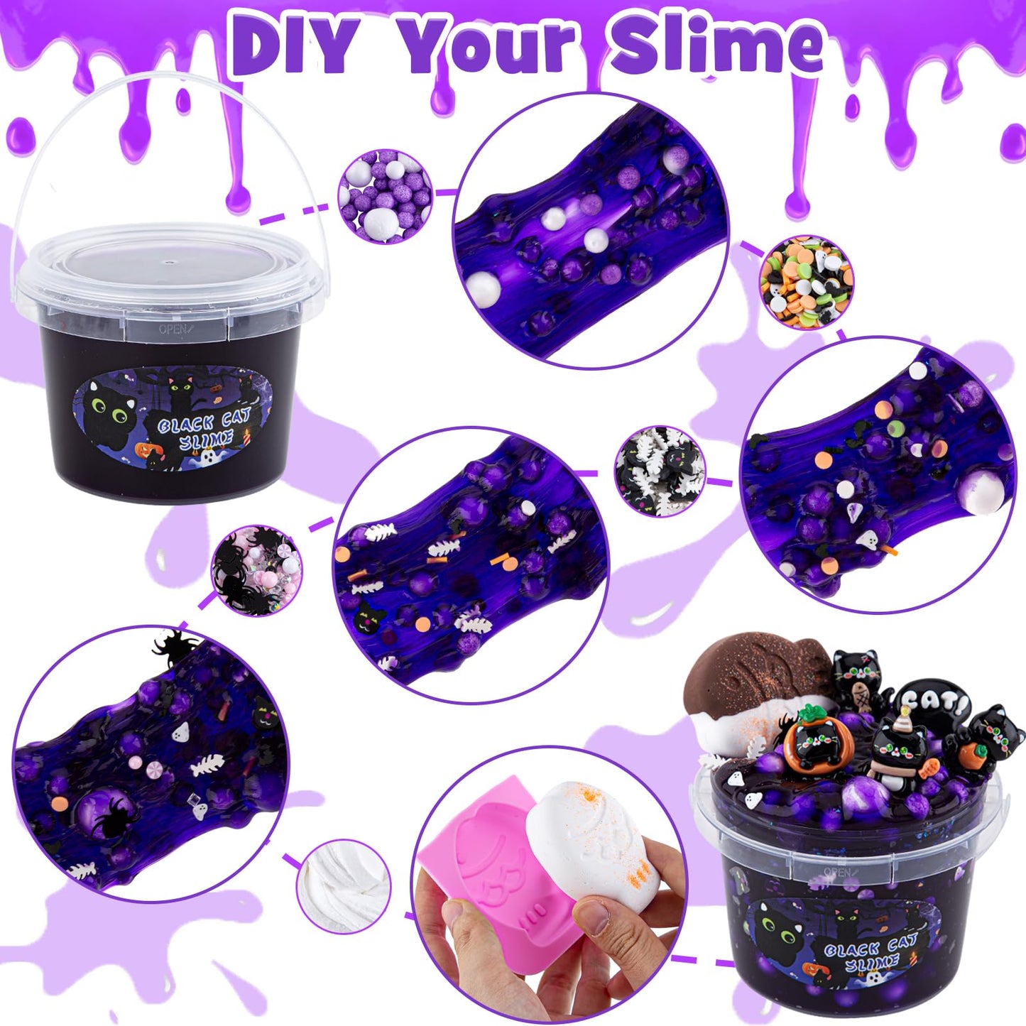 300Ml Black Cat Slime With Clay, Dark Purple Clear Slime Kit For Girls Ages 8-12 With 9 Packs Slime Add-Ins, Slime For Kids Party Favors, Non Stick Slime Toys Birthday Halloween Christmas Easter Gifts