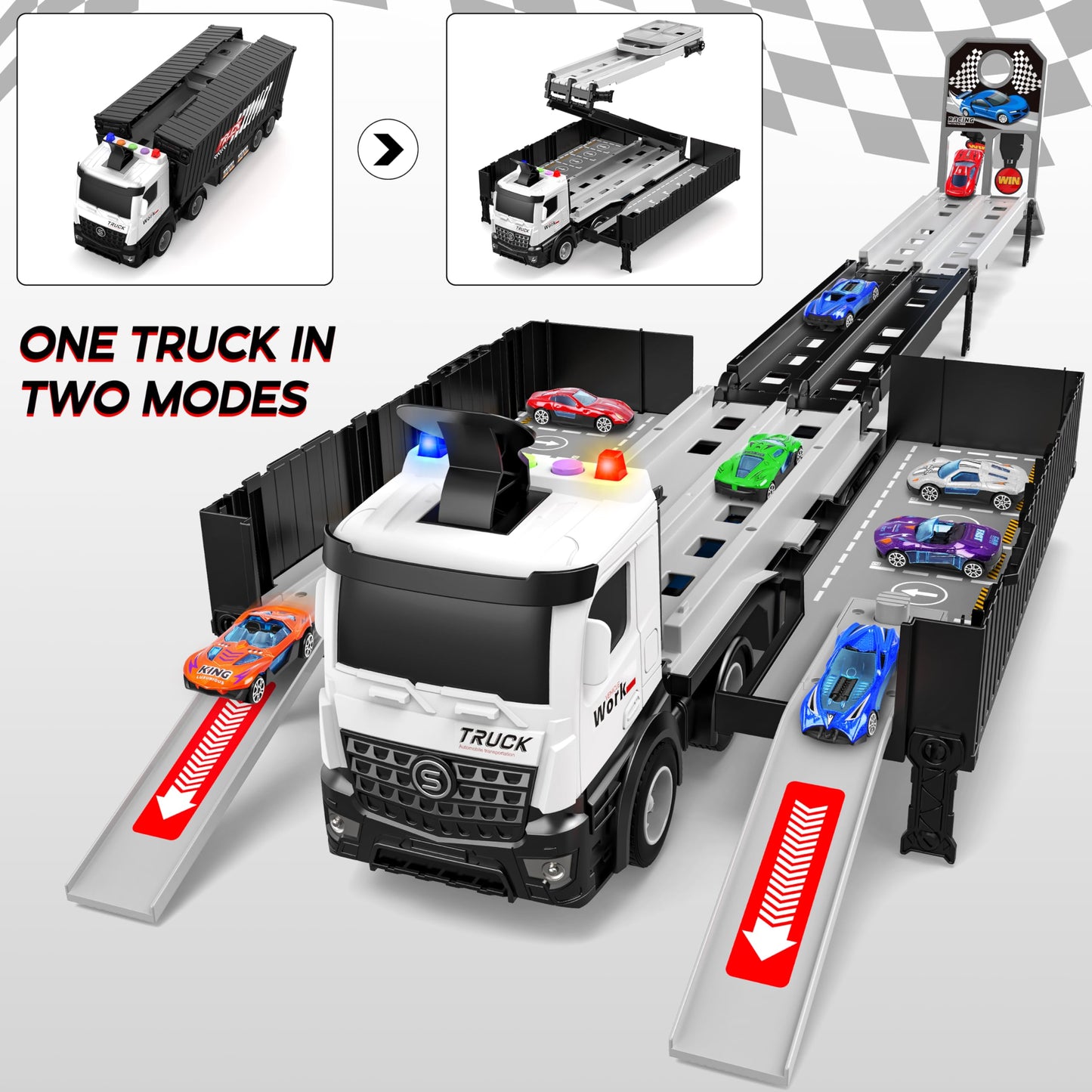 Carrier Truck Race Track Boys Toys, Foldable 3 Layer Car Race Track Playset, Toy Truck Transport Car Carrier & 8 Race Cars, Truc