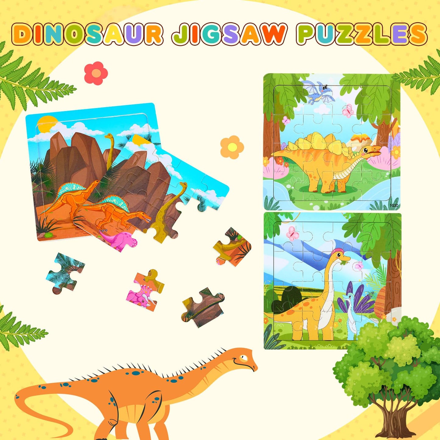 Sannix 12 Pack Dinosaur Wooden Jigsaw Puzzles With 12 Organize Bags, Dinosaurs Animals Toddlers Puzzles For Kids Ages 3 4 5, Party Favors Educational Learning Travel Toys For Boys Girls