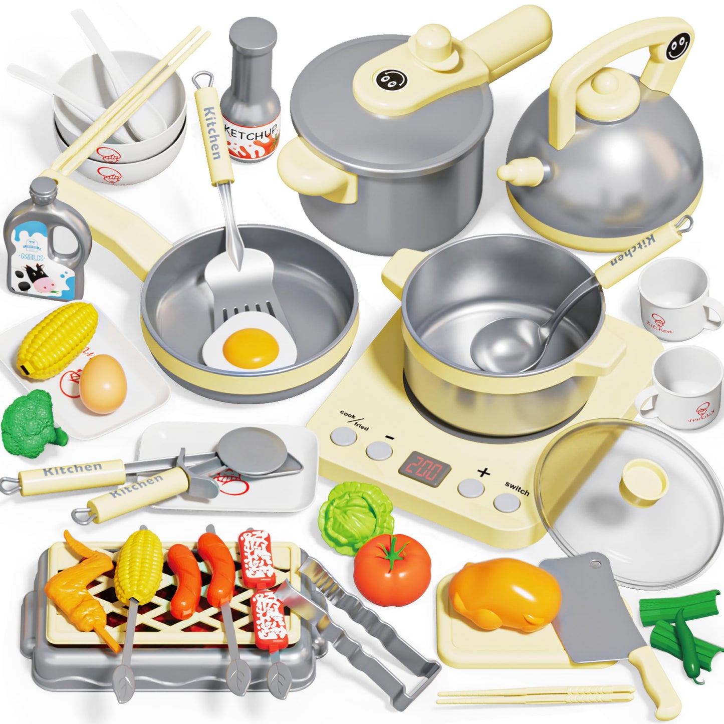 Play Kitchen Playset for Kids, Toy Kitchen Pretend Play Food BBQ Sets for Girls and Boys Age 3+, Play Kitchen Accessories with P