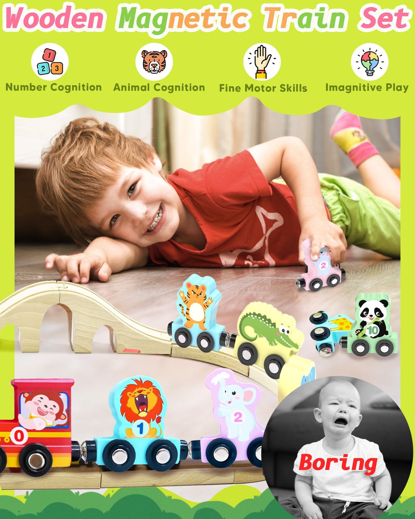 11 Pcs Magnetic Train Set Montessori Toys For 1 2 3 Years Old Toddlers Boys Girls, Wooden Animals Preschool Learning Activities