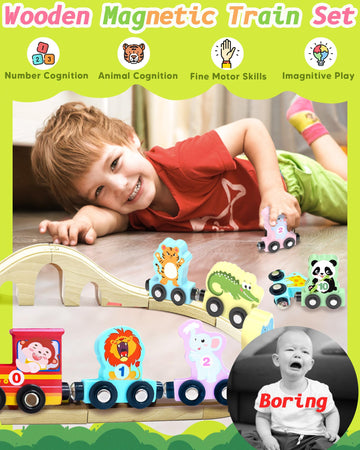 11 Pcs Magnetic Train Set Montessori Toys For 1 2 3 Years Old Toddlers Boys Girls, Wooden Animals Preschool Learning Activities