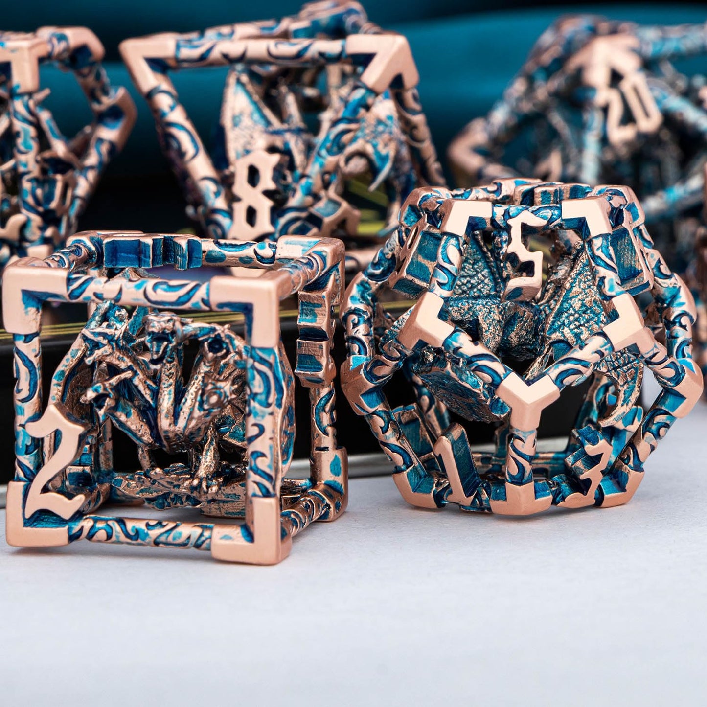 ARUOHHA Hollow DND Dice Set Copper Blue 5-Headed Dragon D and D Dice with Gift Box, Dungeons and Dragons Role Playing Games 7PCS