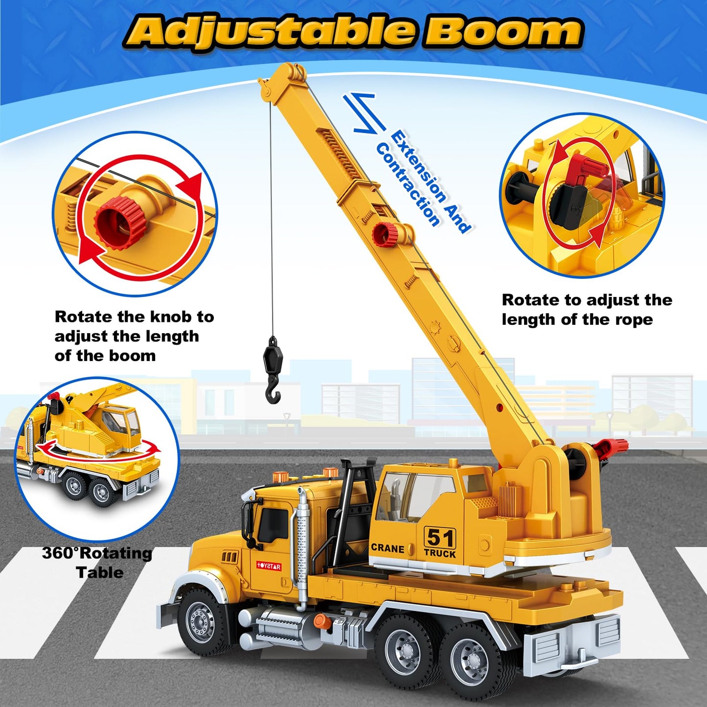 Kids Toys for 3 4 5 6 7 8 Years Old Boys, Crane Truck Toy with Lights, Sounds, Toddler Friction Powered Truck Vehicle Toy for Bo