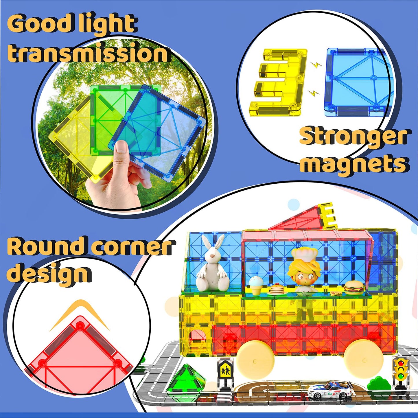 Goodtiles Magnetic Tiles Road Set - Large Bright & Colorful Building Blocks for Kids 3-8, Montessori Gift for Boys & Girls, Autism-Friendly