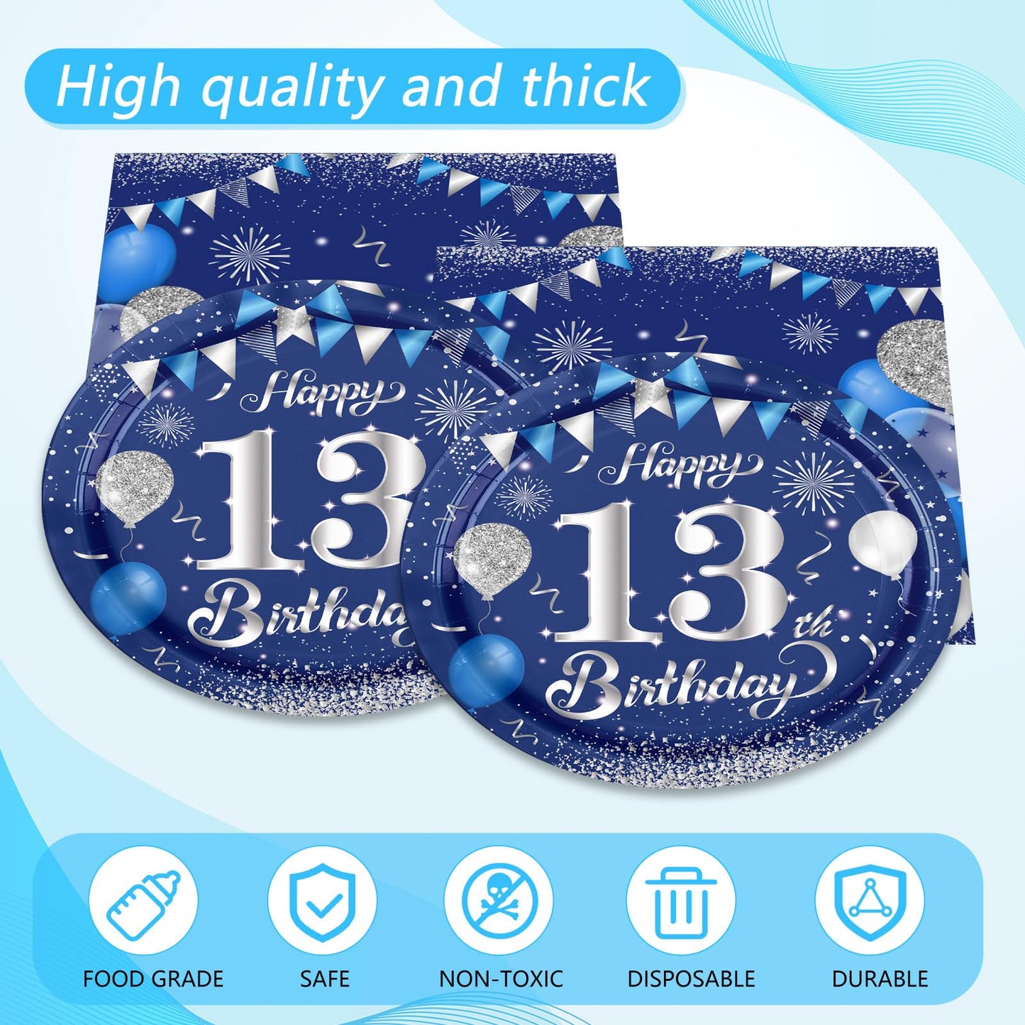 13Th Birthday Decorations For Boy Girl Official Teenager 13Th Tableware Decorations Navy Blue Silver Birthday Plates Napkins Tab