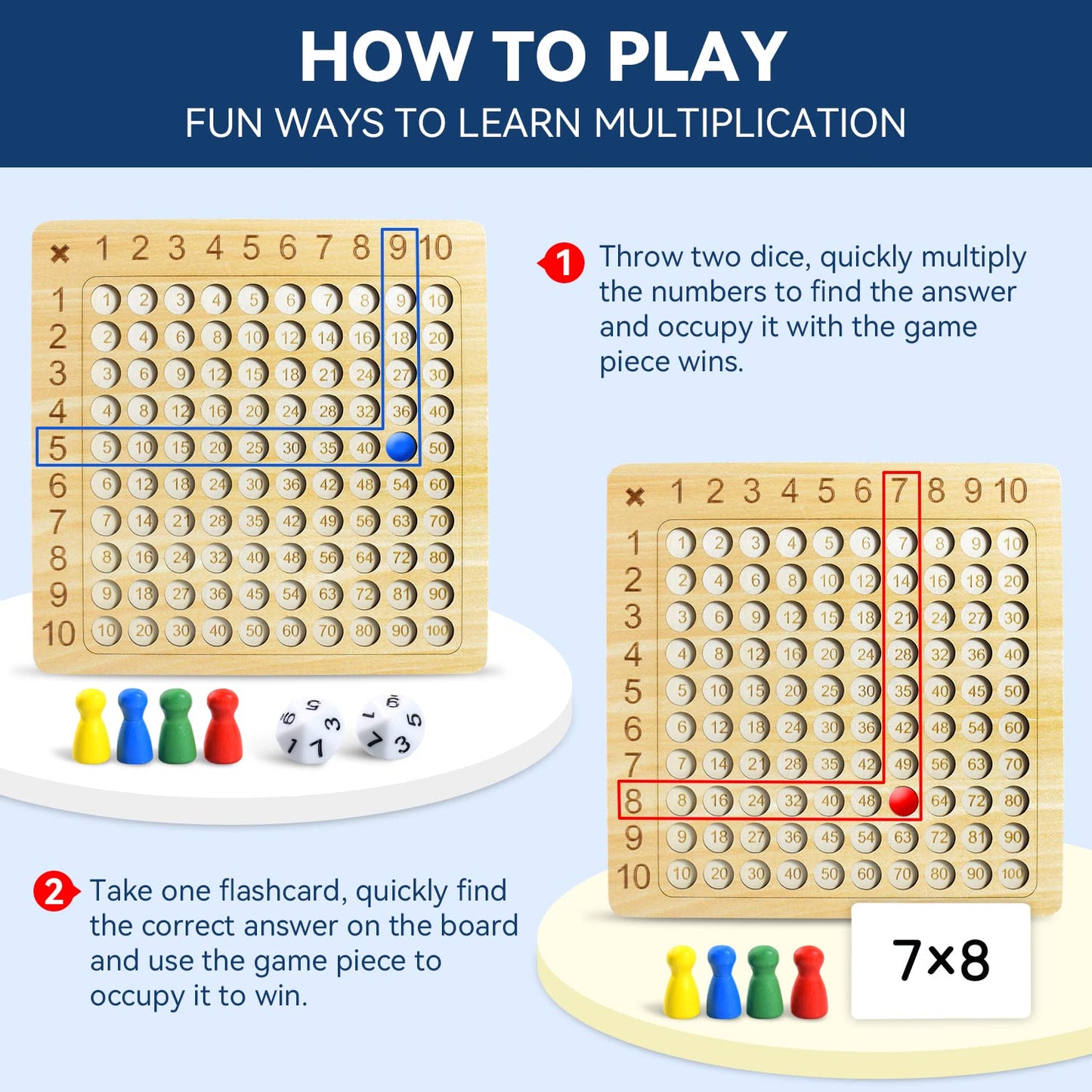 Bakam Wooden Multiplication Board Math Game For Kids 8-12, Math Manipulatives Set With 100Pcs Flash Cards For Kids 6-8 Years Old, Montessori Counting Toy For Boys Girls Preschool Learning