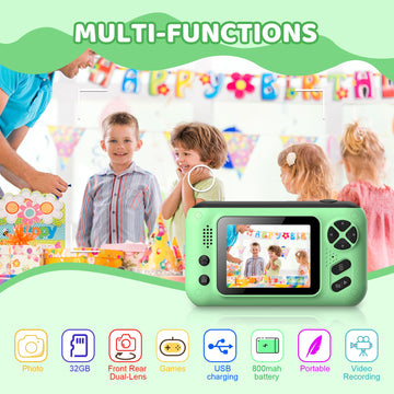 Makolle Kids Camera, Digital Camcorder for Ages 3-12, Green, ABS Material, Includes 32GB SD Card, Model S9GREEN