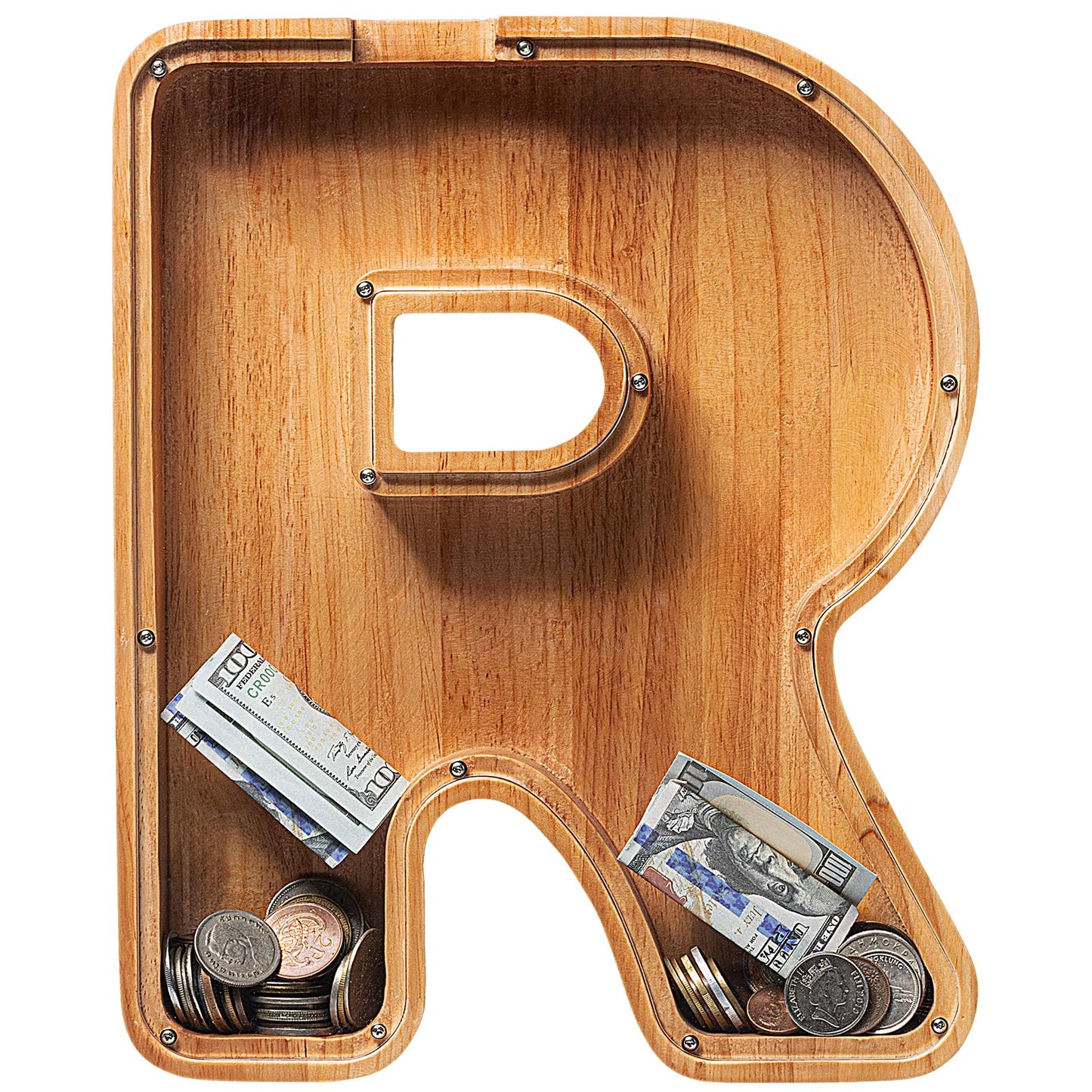 Custom Wooden Piggy Bank, ( Laser Engraved Name) Creative Twenty-Six English Alphabet Letter Storage Tank Personalized Letter Coin Bank Customized Wood Toy Diy Name Letter Kids Money Bank (R)