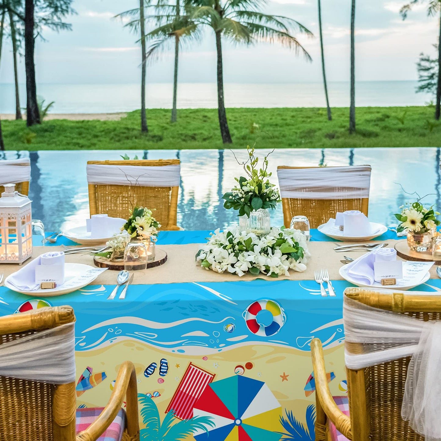 Beach Theme Party Supplies Summer Pool Disposable Tablecloth Plastic Waterproof Table Cover for Hawaiian Party Birthday Decorati