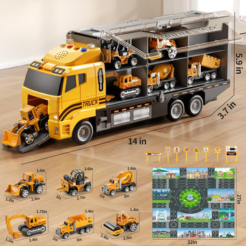TEMI Construction Truck Toy Set with Play Mat, Carrier Truck Toys for Kids Toddlers, Die-Cast Metal Toy Car Set, Truck Car Kids