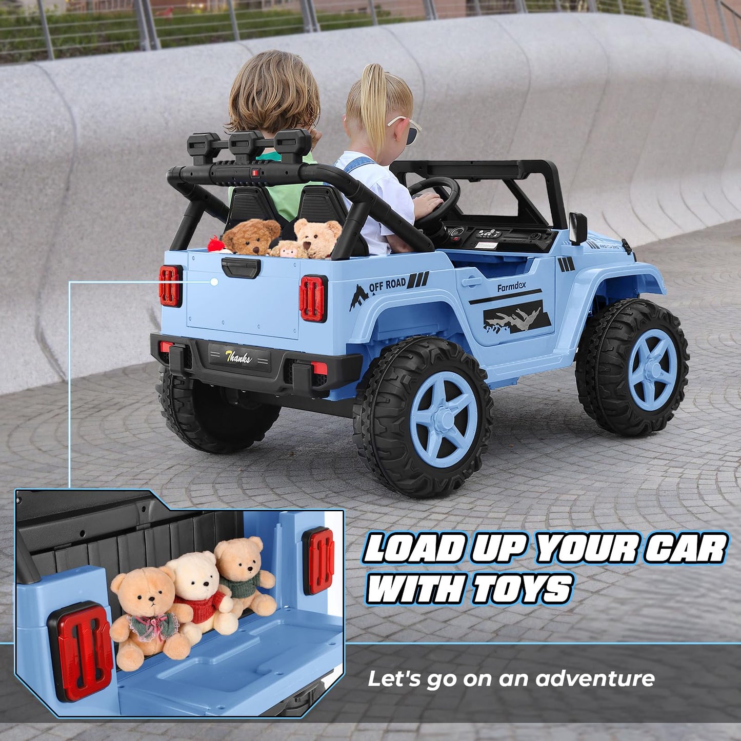 Hikole 2 Seater Xl Ride On Cars For Kids - 24V Electric Car With 20 Inch Wide Seat, 4Wd/2Wd Switch, Remote Control, Led Lights, Music Player, Battery Powered Jeeps Car For Kids, Blue-Gray