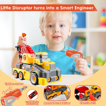 EKU EASYKU Crane Truck Take Apart Toys for Kids 3-8 Years, Electric Drill, Educational STEM Building, Plastic, Large 11 inches