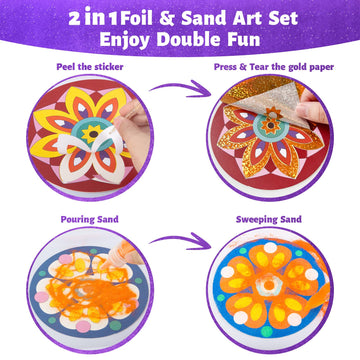 TENYEAH Foil Fun & Sand Art Kit for Kids, 2 in 1 Mandala Foil Arts and Sand Painting Pictures Coloring Kits, DIY Crafts Gifts fo